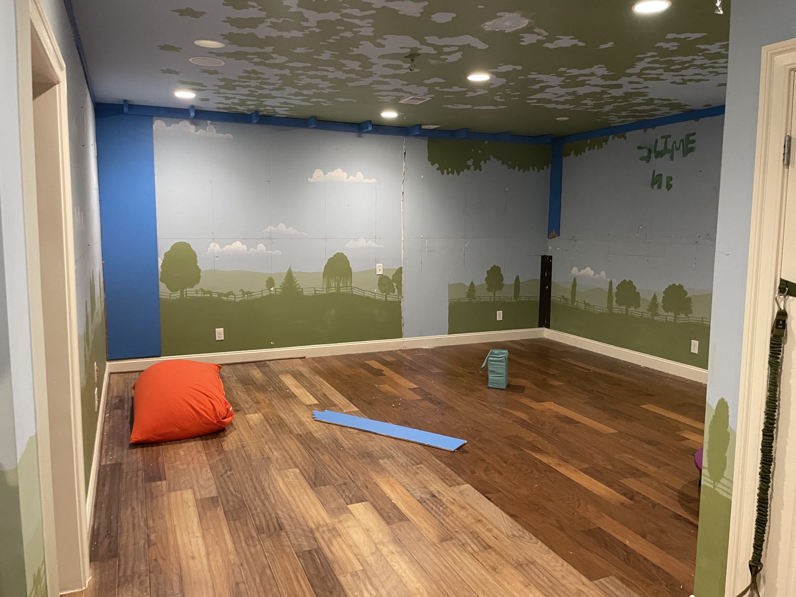 The same basement room before the build: a children's mural of rolling hills and clouds on every wall, bare floor, and the word SLIME written on the wall