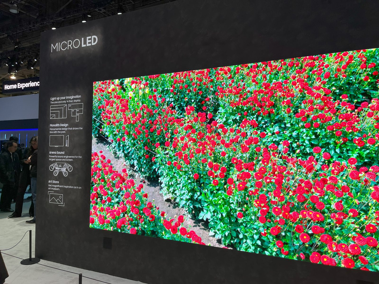 A large Samsung MicroLED display at a trade show booth showing a field of red flowers, with a MICRO LED sign on the dark wall beside it